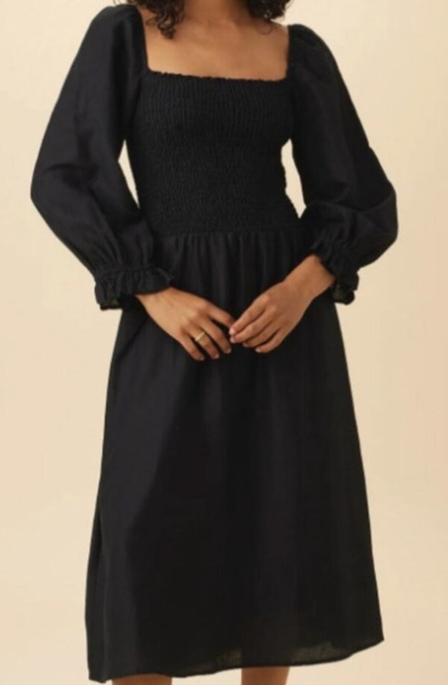 NWT Amour Vert Averill Black Puff Sleeve Midi Dress Sz Small S